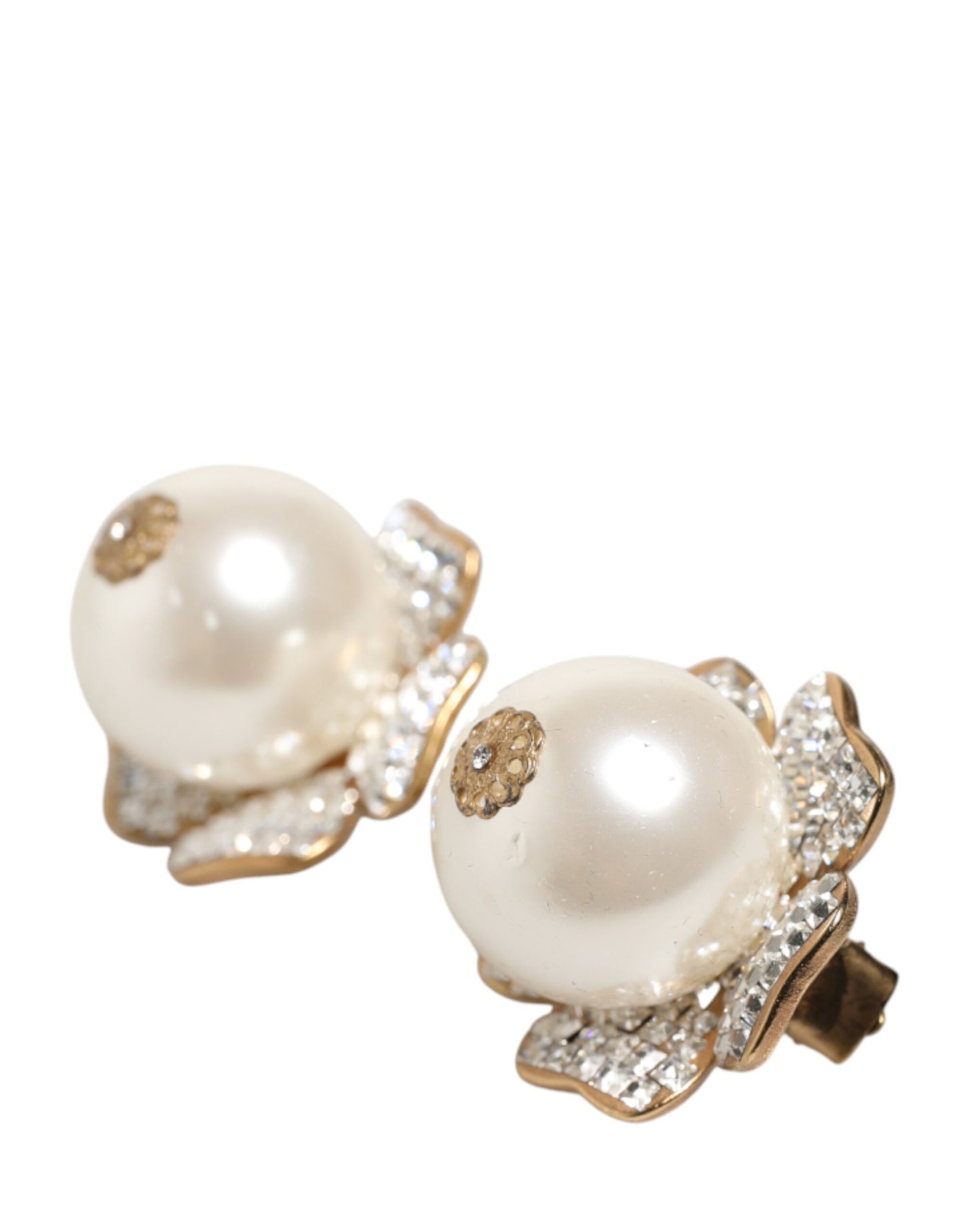 Dolce & Gabbana Gold Tone Maxi Faux Pearl Floral Clip-on Jewelry Earrings Womens Earrings
