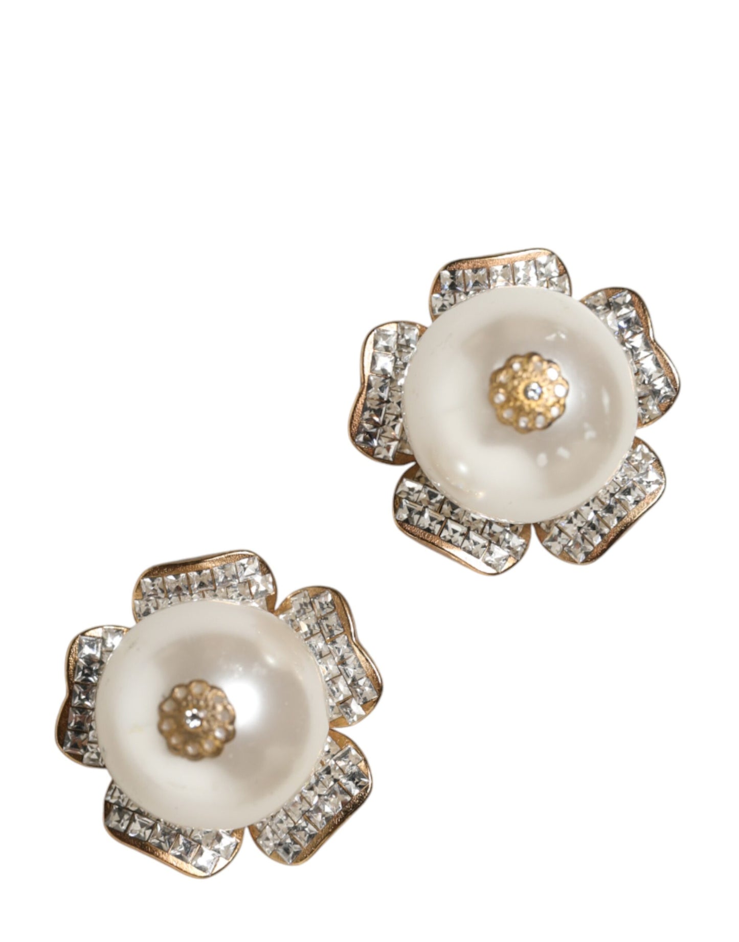 Dolce & Gabbana Gold Tone Maxi Faux Pearl Floral Clip-on Jewelry Earrings Womens Earrings