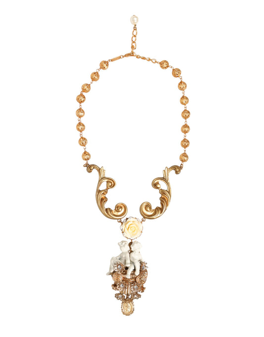 Dolce & Gabbana Gold Ceramic Crystal Cherub Baroque Pendant Necklace Womens Necklace