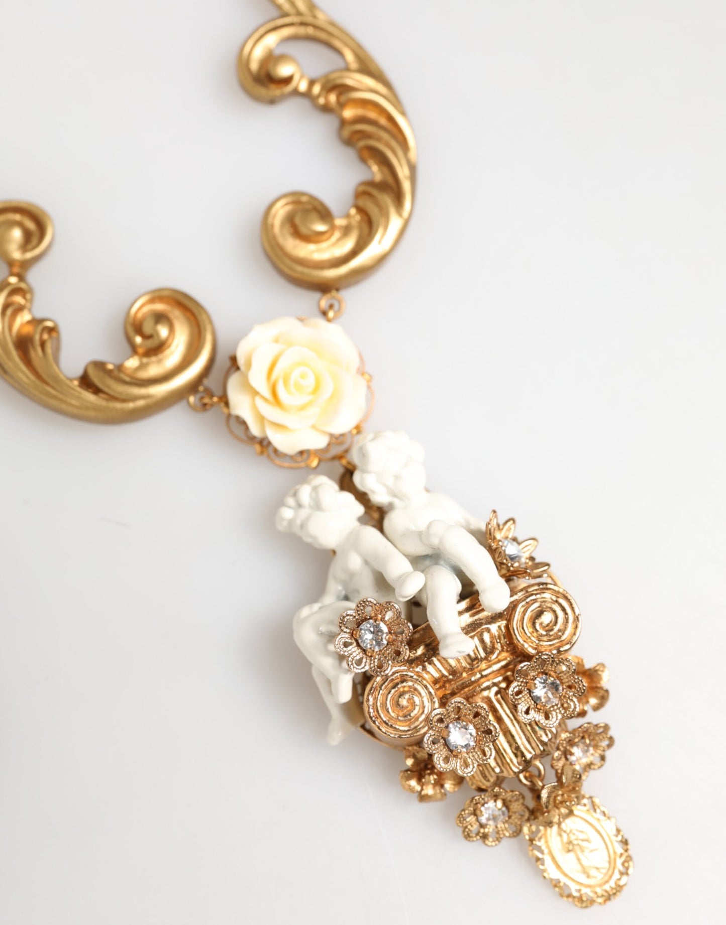 Dolce & Gabbana Gold Ceramic Crystal Cherub Baroque Pendant Necklace Womens Necklace