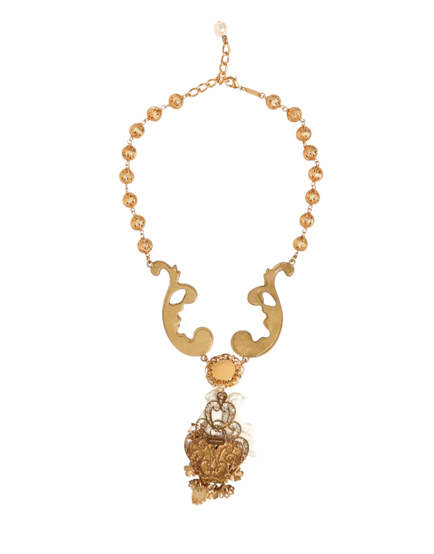 Dolce & Gabbana Gold Ceramic Crystal Cherub Baroque Pendant Necklace Womens Necklace