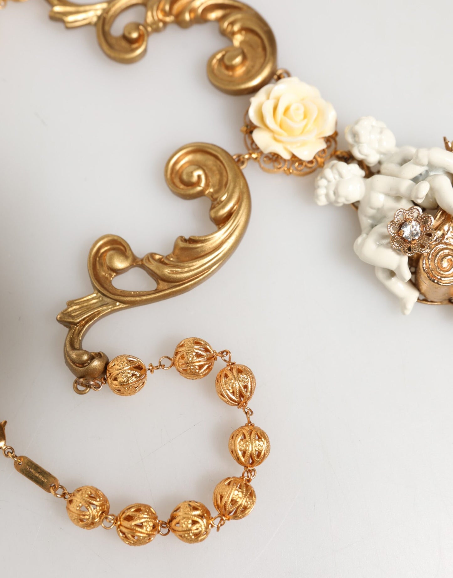 Dolce & Gabbana Gold Ceramic Crystal Cherub Baroque Pendant Necklace Womens Necklace