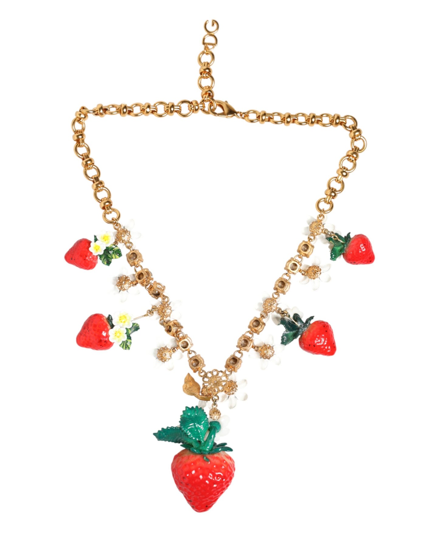 Dolce & Gabbana Gold Brass FRUIT Pendants Flowers Crystal Logo Necklace Womens Necklace