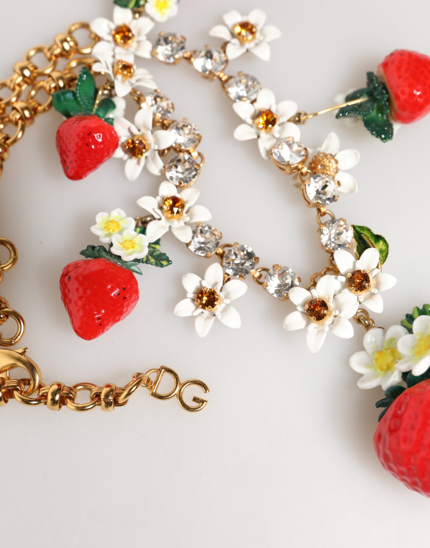 Dolce & Gabbana Gold Brass FRUIT Pendants Flowers Crystal Logo Necklace Womens Necklace