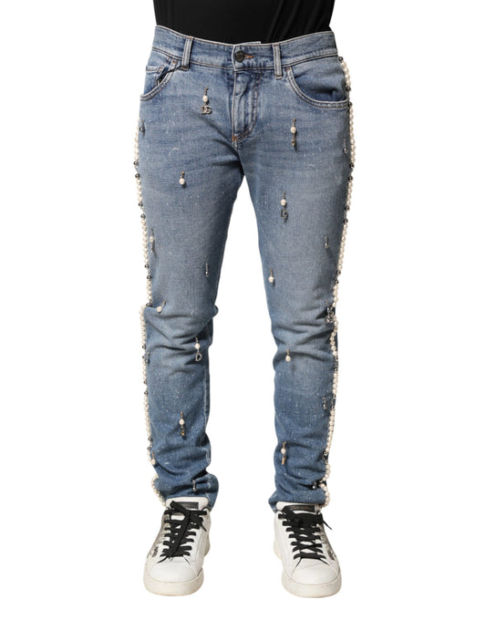 Dolce & Gabbana Blue Embellished Cotton Skinny Denim Jeans