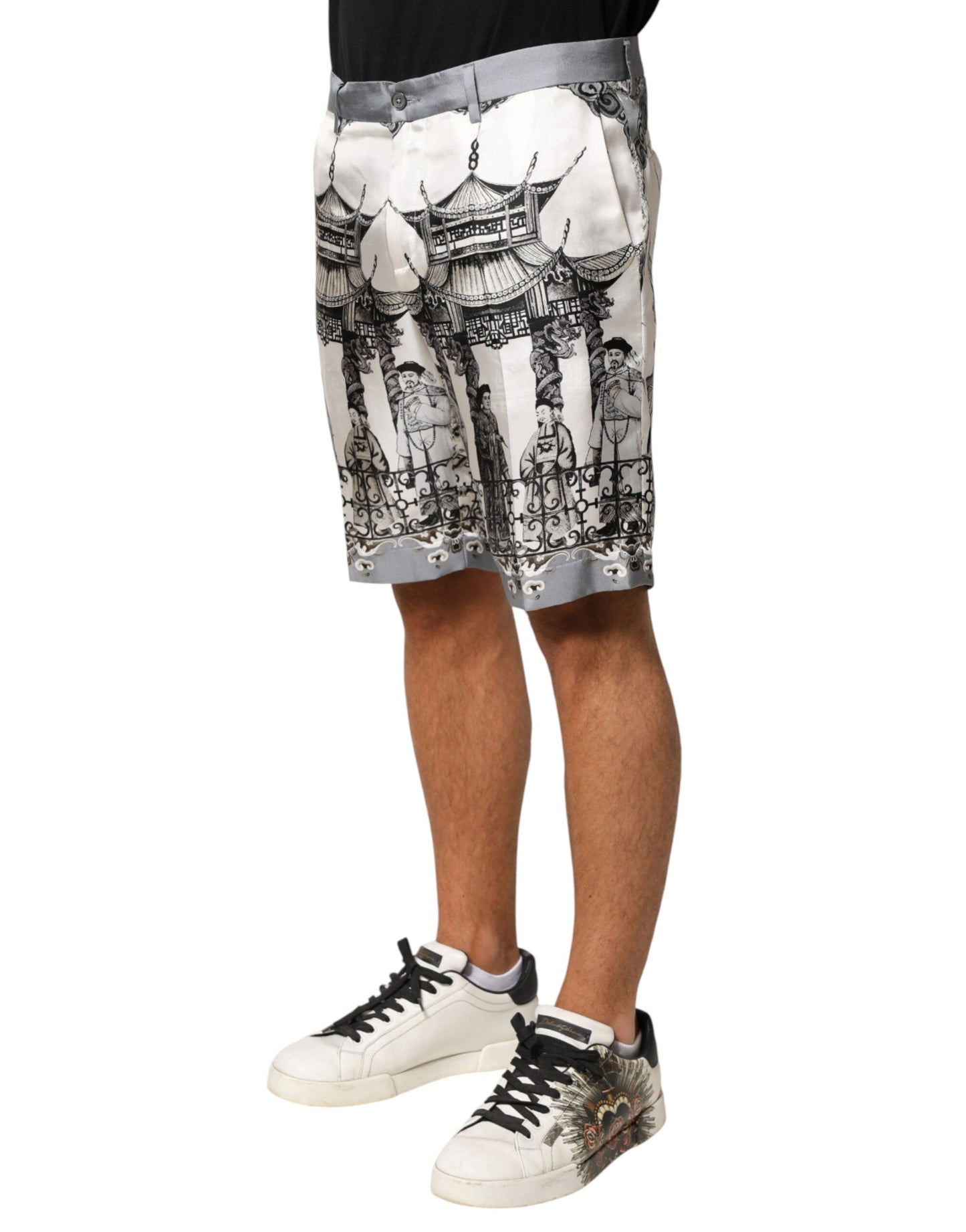 Dolce & Gabbana White Japanese Asian Print Silk Bermuda Shorts Mens Shorts