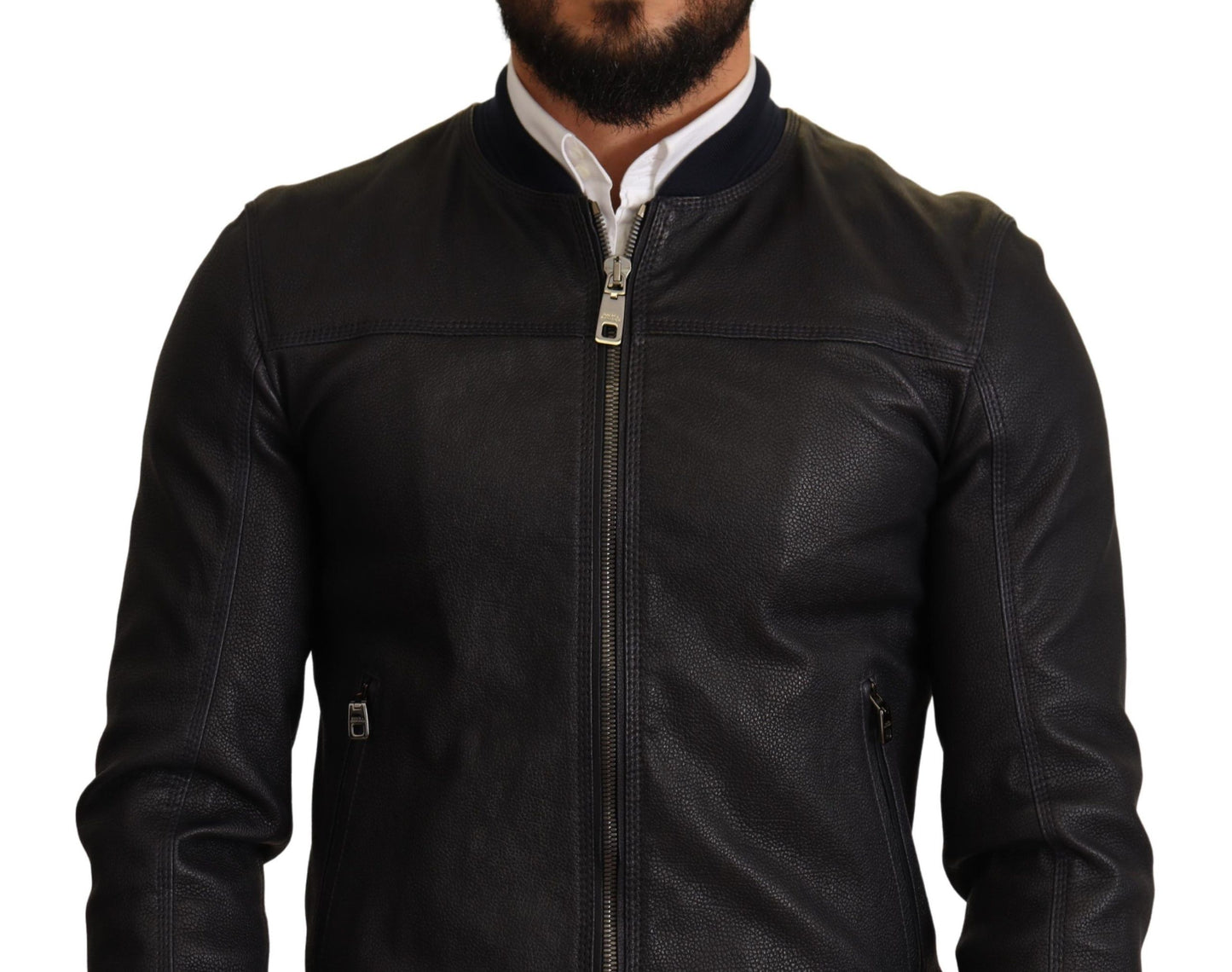 Dolce & Gabbana Elegant Leather Bomber Jacket in Dark Blue