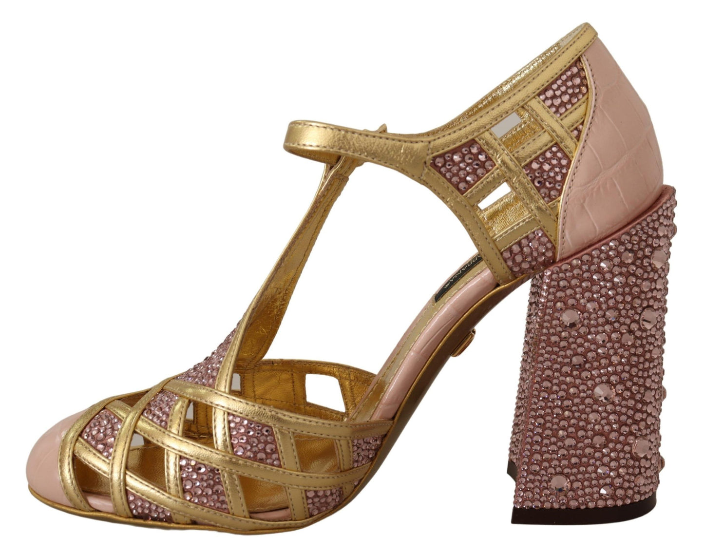 Dolce & Gabbana Silk-Infused Leather Crystal Pumps in Pink Gold