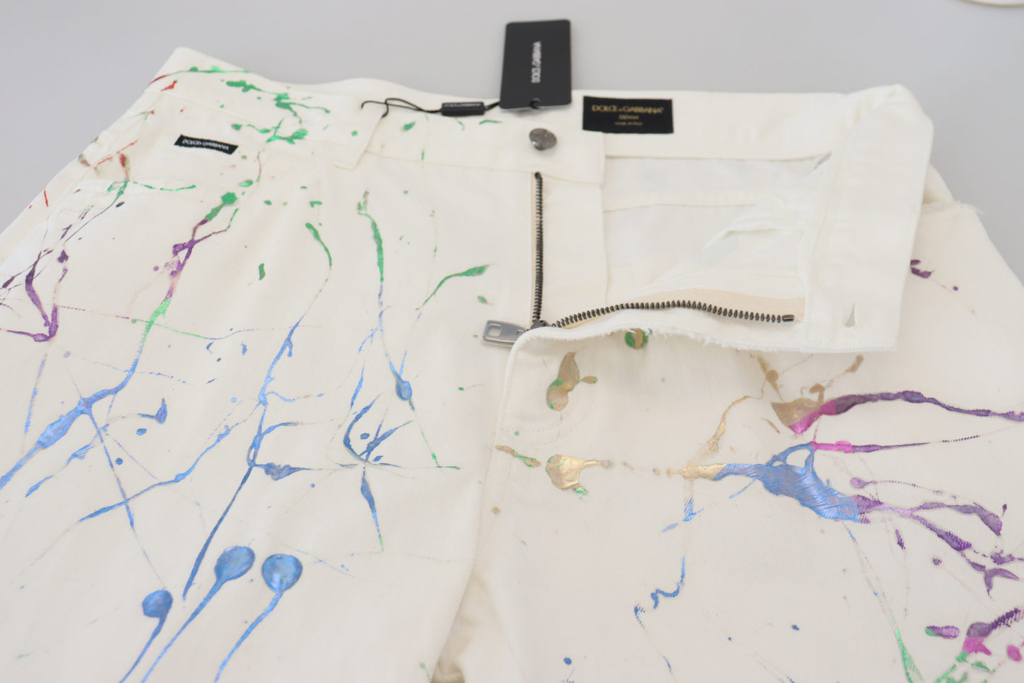 Dolce & Gabbana Chic White Splash Print Denim Pants