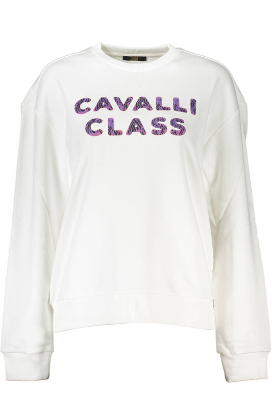 Cavalli Class Chic White Printed Sweater with Cozy Brushed Interior