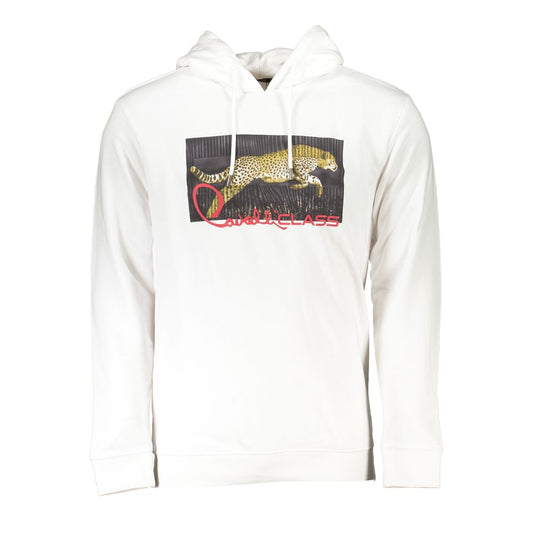 Cavalli Class Chic White Hooded Sweatshirt with Exclusive Print