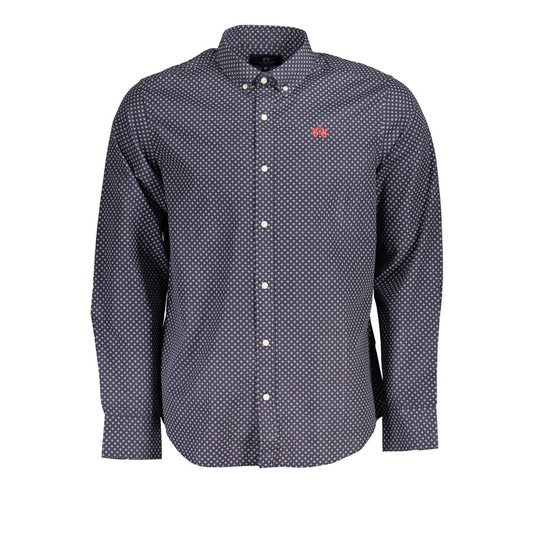 La Martina Blue Button-Down Cotton Shirt with Embroidery