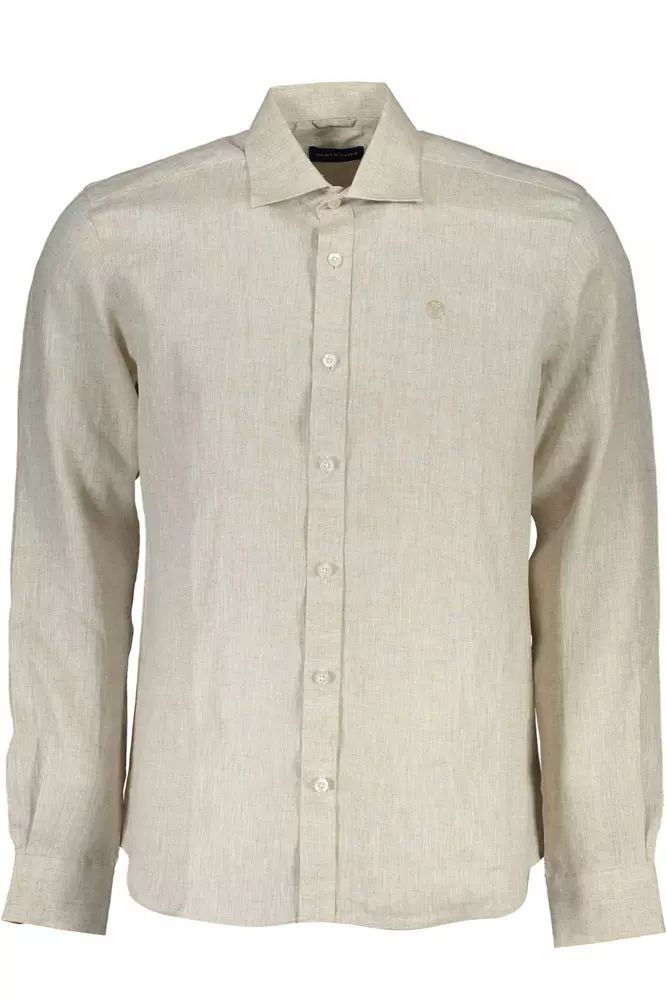 North Sails Beige Linen Italian Collar Shirt with Logo Embroidery