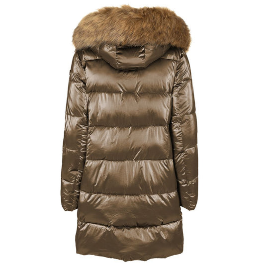 Imperfect Eco-Chic Brown Down Jacket with Faux Fur Hood