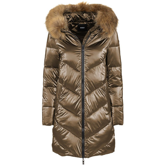 Imperfect Eco-Chic Brown Down Jacket with Faux Fur Hood