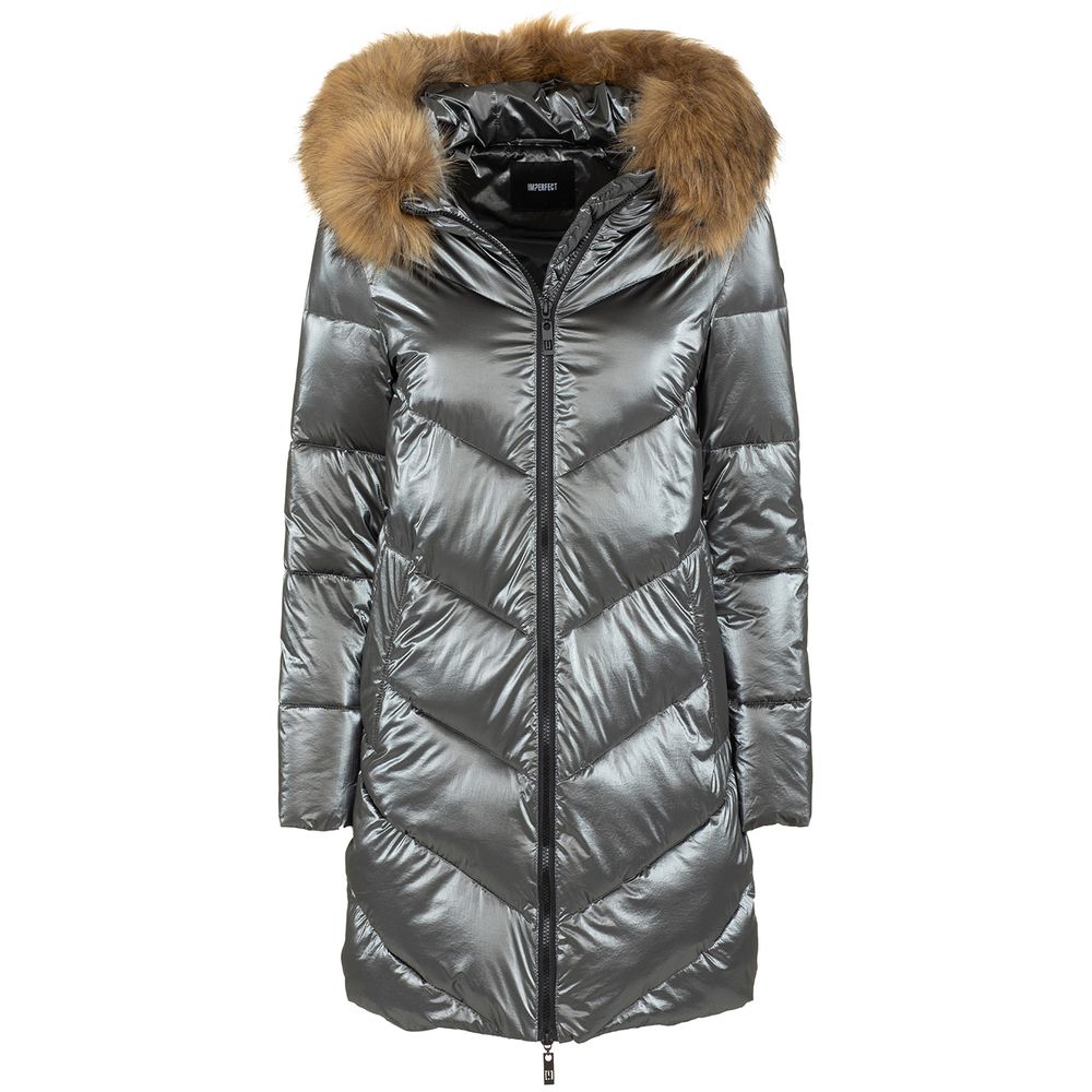 Imperfect Elegant Long Down Jacket with Eco-Fur Hood