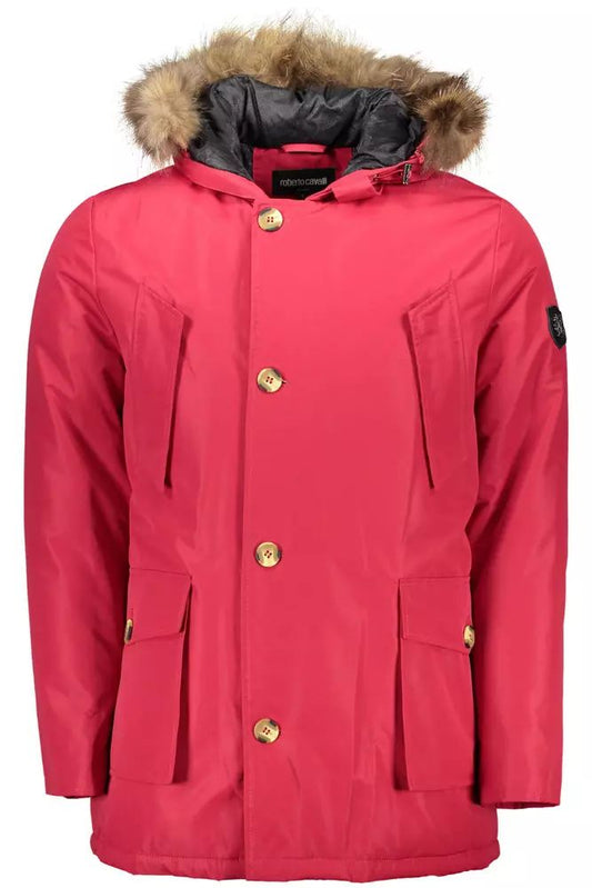 Roberto Cavalli Pink Hooded Jacket with Removable Fur