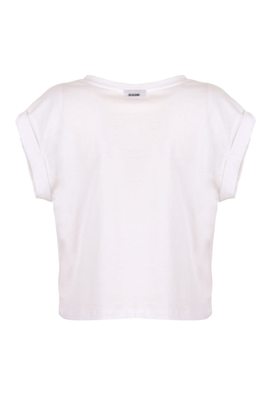 Imperfect Chic White Cotton Tee with Brass Accents