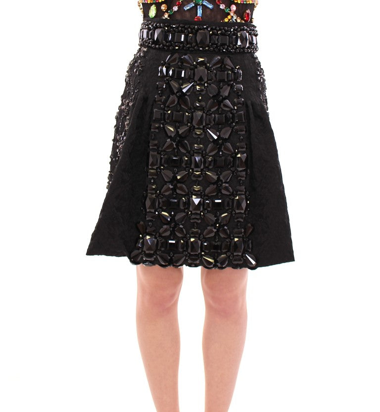 Dolce & Gabbana Black Crystal Handmade Above Knee Skirt