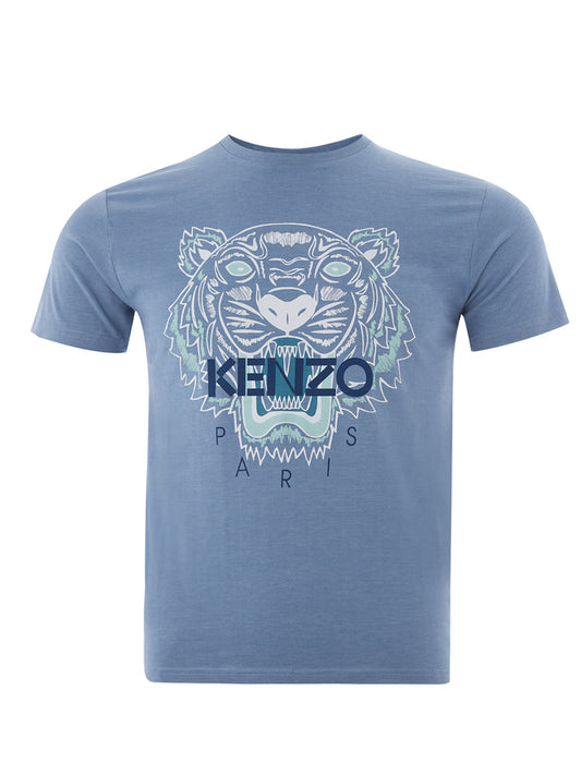Kenzo Blue Cotton T-Shirt with Tiger Print and Front Logo
