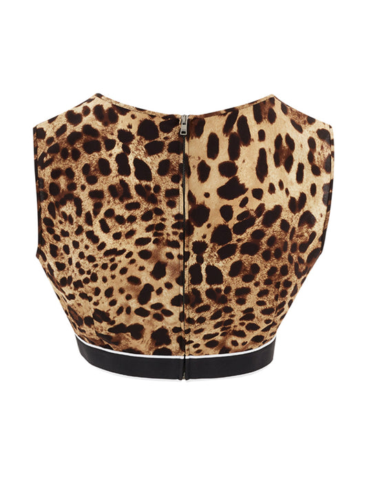 Dolce & Gabbana Brown Leopard Print Cropped V Neck Top