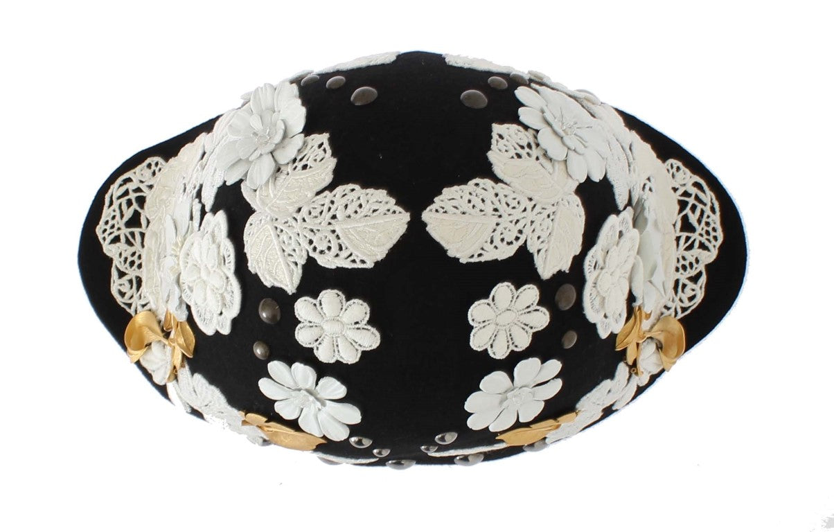 Dolce & Gabbana Elegant Black Floral Wool Cloche Hat