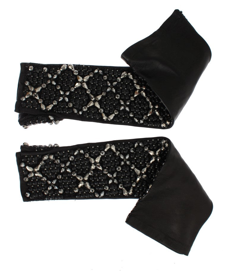Dolce & Gabbana Black Leather Crystal Beaded Finger Free Gloves