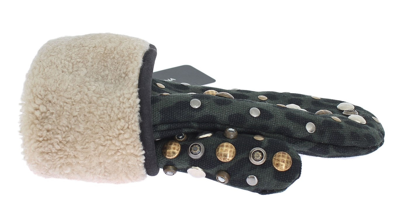 Dolce & Gabbana Elegant Studded Gray Wool Shearling Gloves
