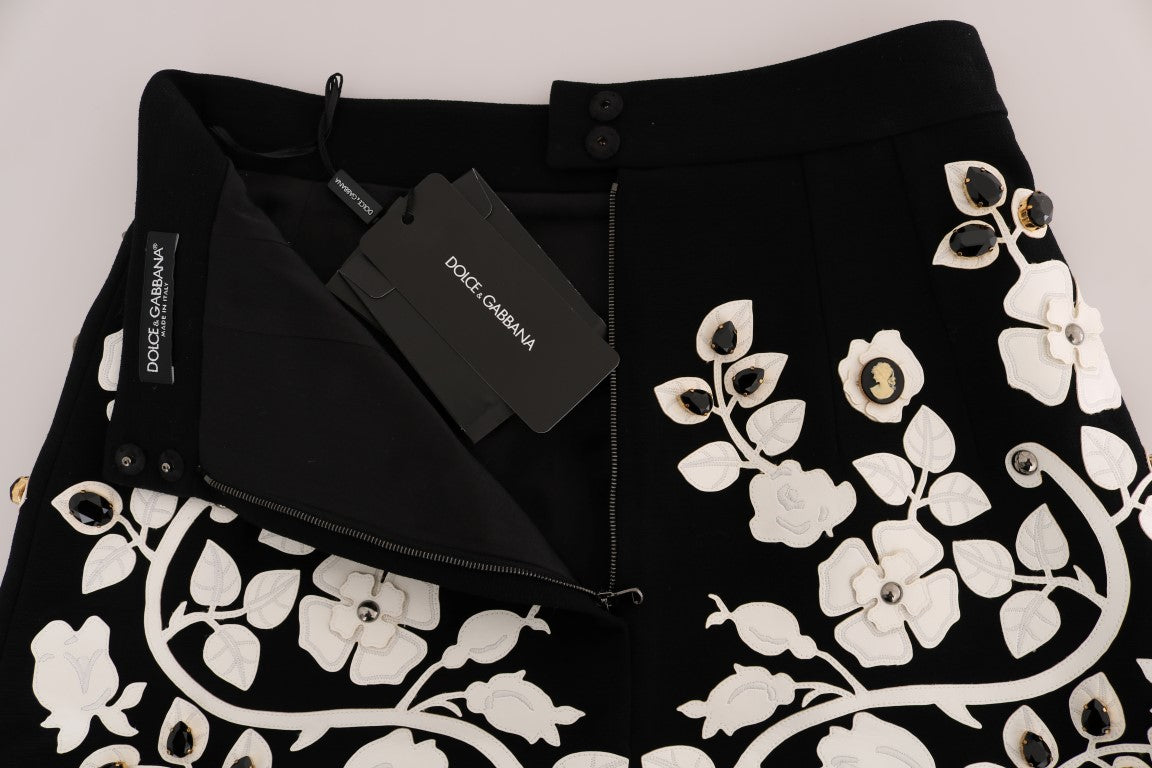 Dolce & Gabbana Black White Floral Baroque Crystal Pencil Skirt