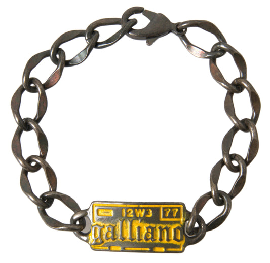 John Galliano Silver Tone Brass Chain Logo Plaque Branded Antique Bracelet