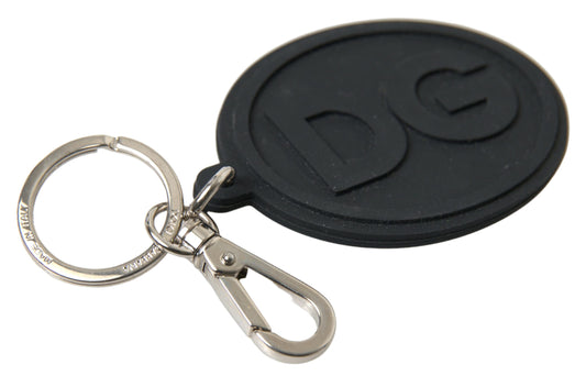 Dolce & Gabbana Black Rubber DG Logo Silver Brass Metal Keychain