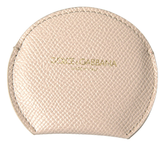 Dolce & Gabbana Beige Calfskin Leather Round Logo Hand Mirror Holder