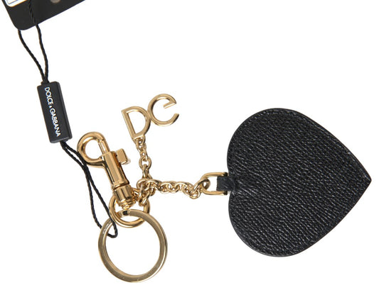 Dolce & Gabbana Black Fuchsia Heart Leather Gold Metal Keyring Keychain