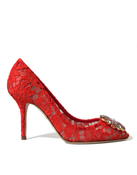 Dolce & Gabbana Exquisite Crystal-Embellished Red Lace Heels