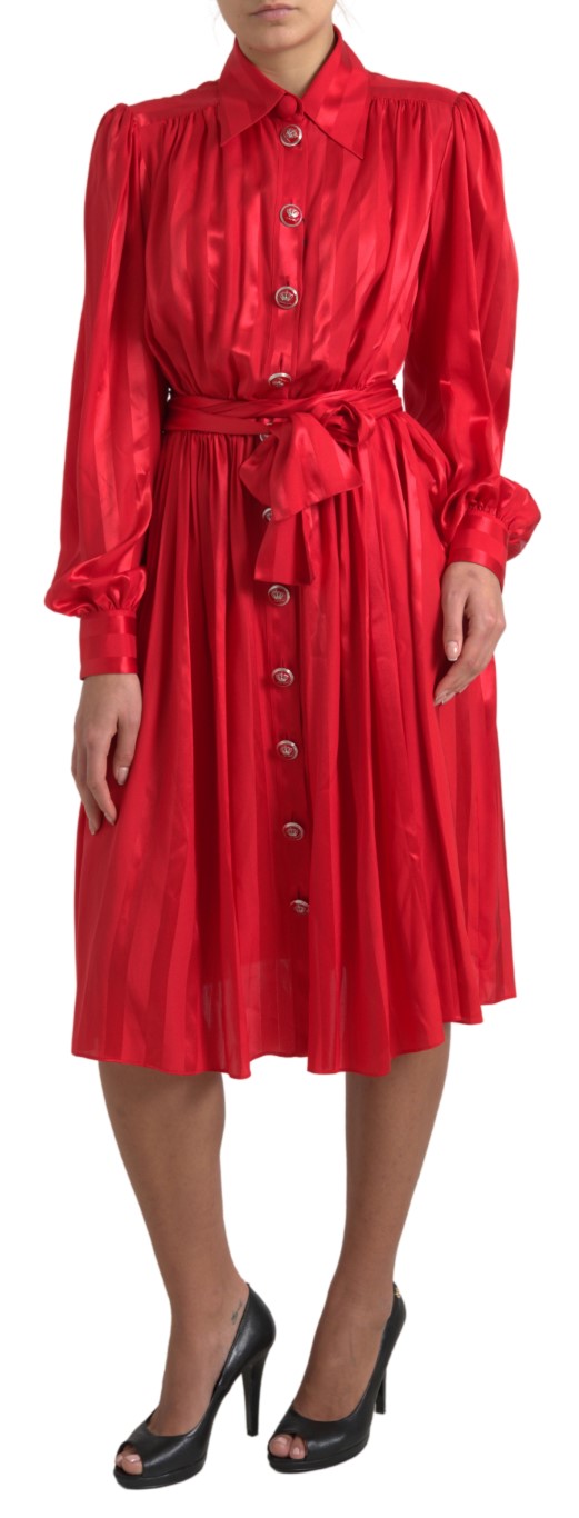 Dolce & Gabbana Red Satin Silk Button Down Belted Midi Dress