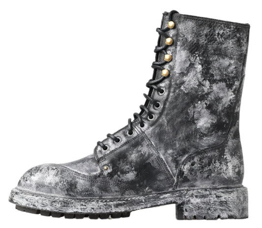 Dolce & Gabbana Black Gray Leather Mid Calf Boots Shoes