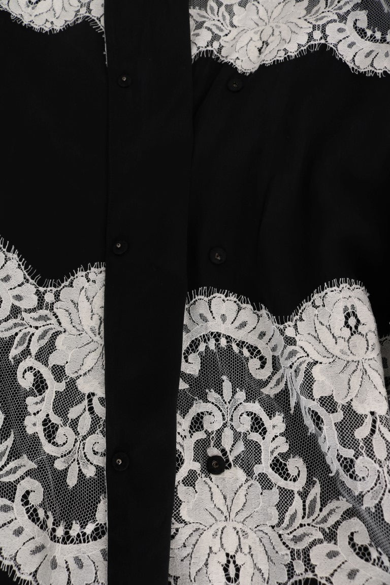 Dolce & Gabbana Black Silk Floral Lace Kaftan Dress