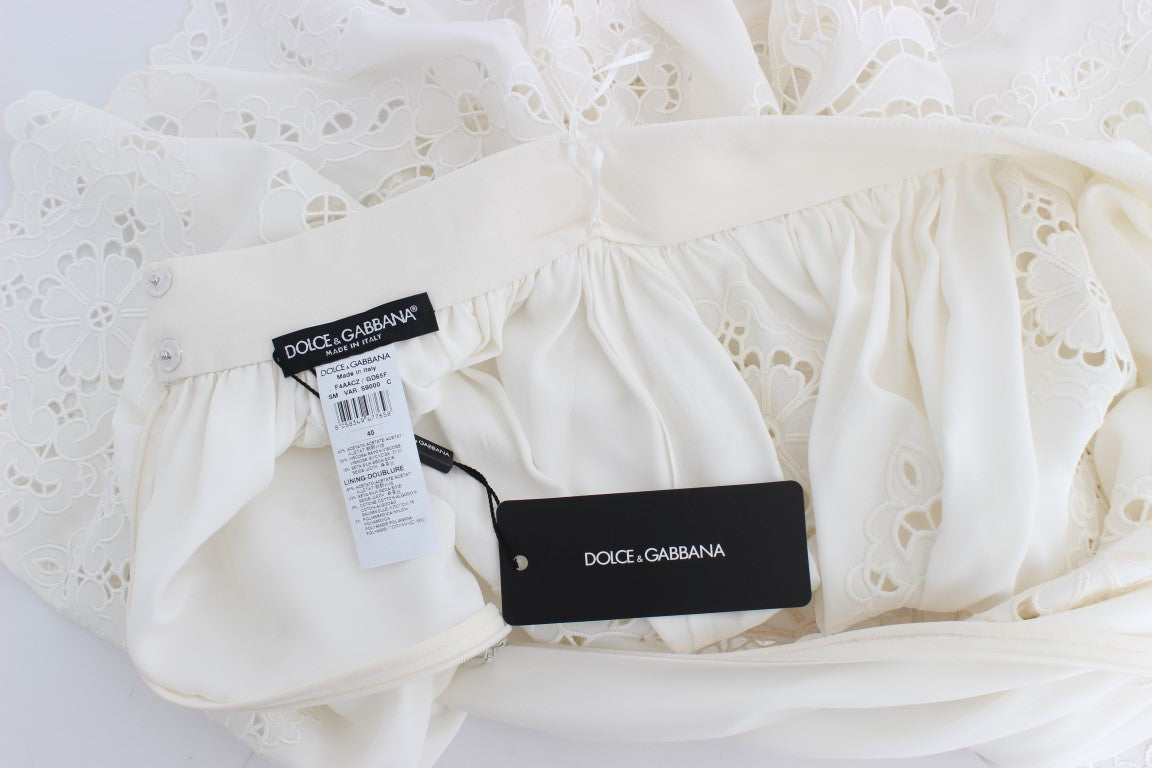 Dolce & Gabbana White Silk Floral Ricamo Knee Skirt