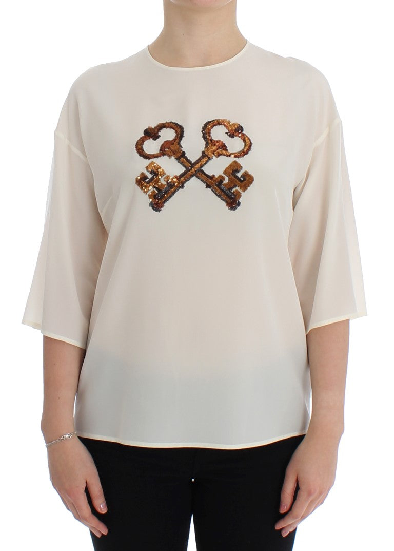 Dolce & Gabbana White Sequined Key Silk Blouse T-shirt Top