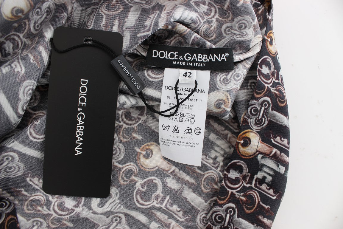 Dolce & Gabbana Gray Gold Key Print Silk Blouse T-shirt