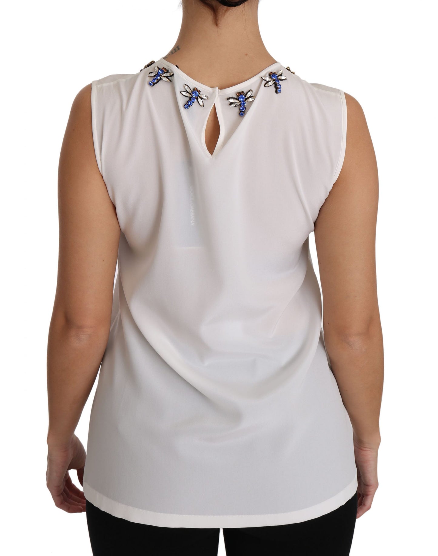 Dolce & Gabbana White Silk Embellished Crystal Dragonfly Top