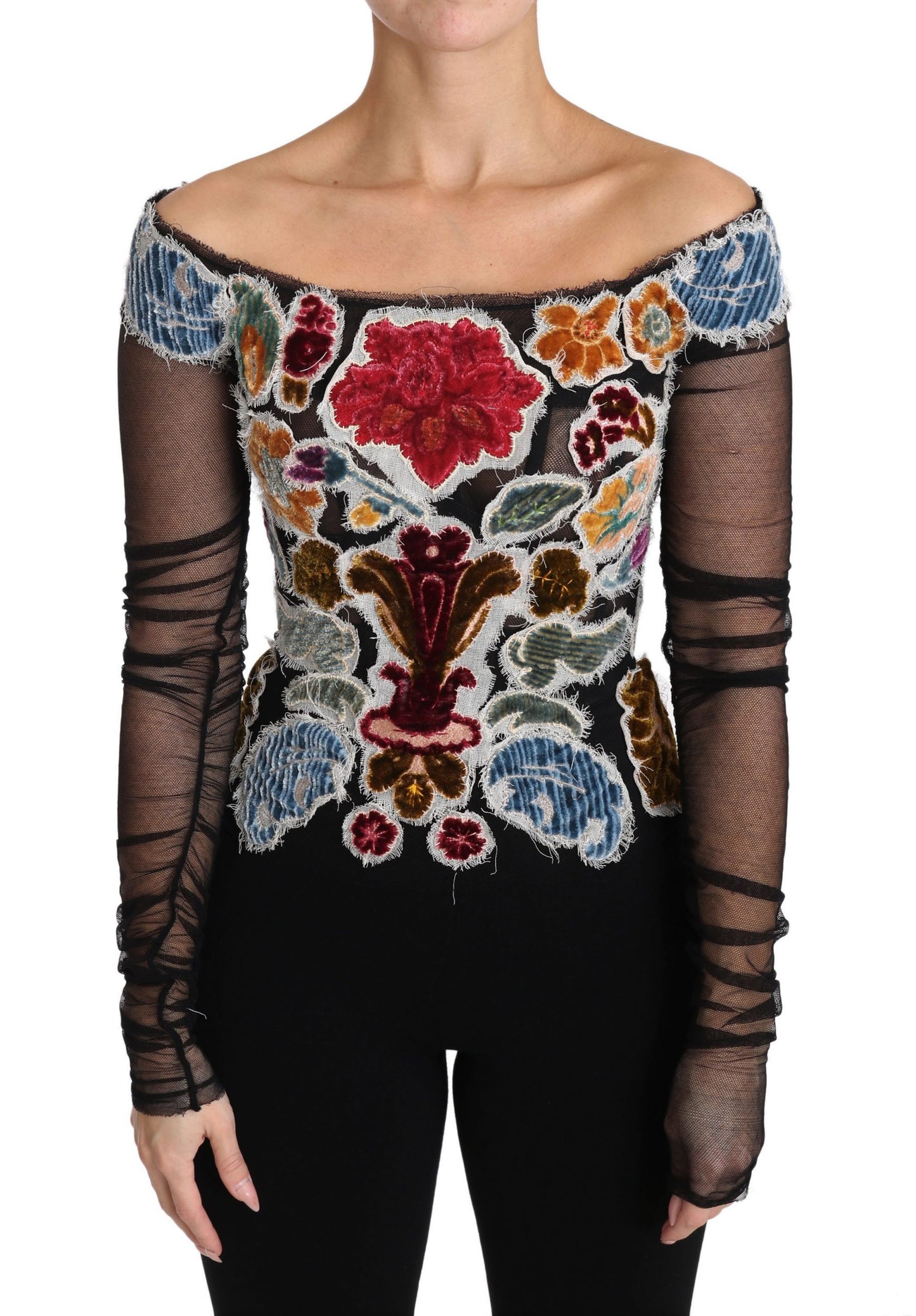 Dolce & Gabbana Black Floral Ricamo Top T-shirt Blouse