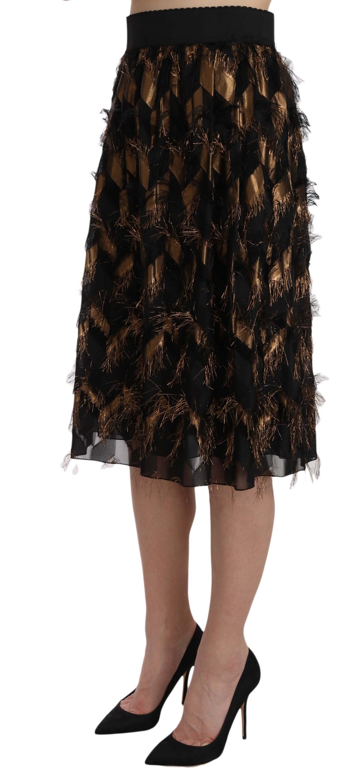 Dolce & Gabbana Elegant Gold Black Silk Blend High Waist Skirt