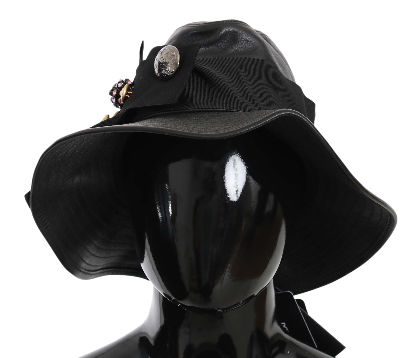 Dolce & Gabbana Black Leather DG Coin Crystal Wide Brim Hat