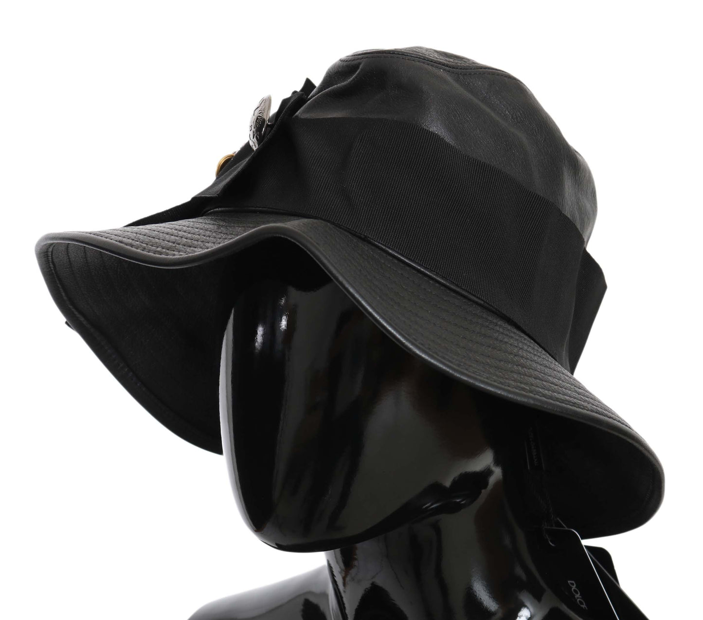 Dolce & Gabbana Black Leather DG Coin Crystal Wide Brim Hat