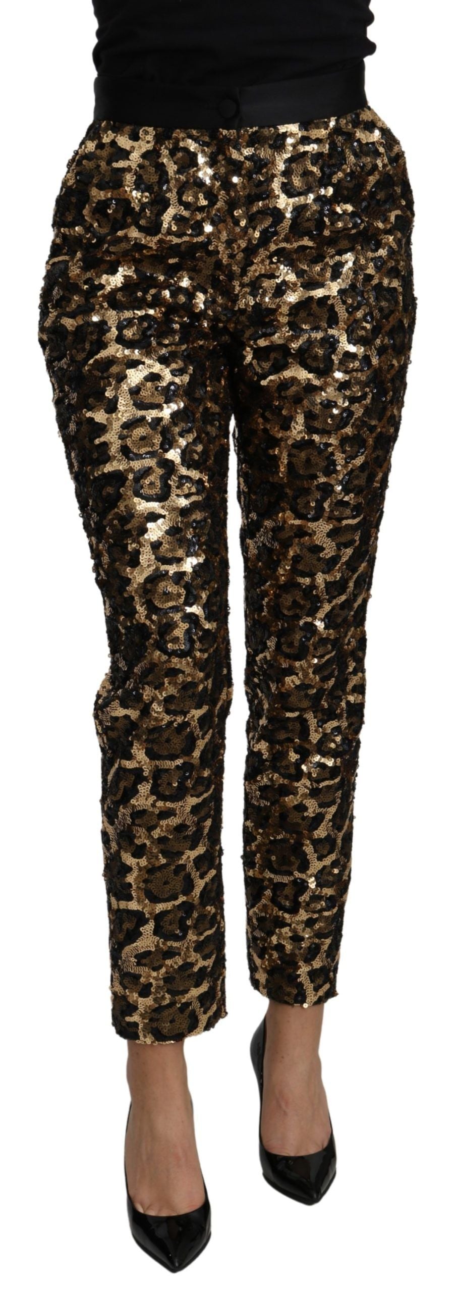 Dolce & Gabbana Gold Brown Leopard Sequined High Waist Pants