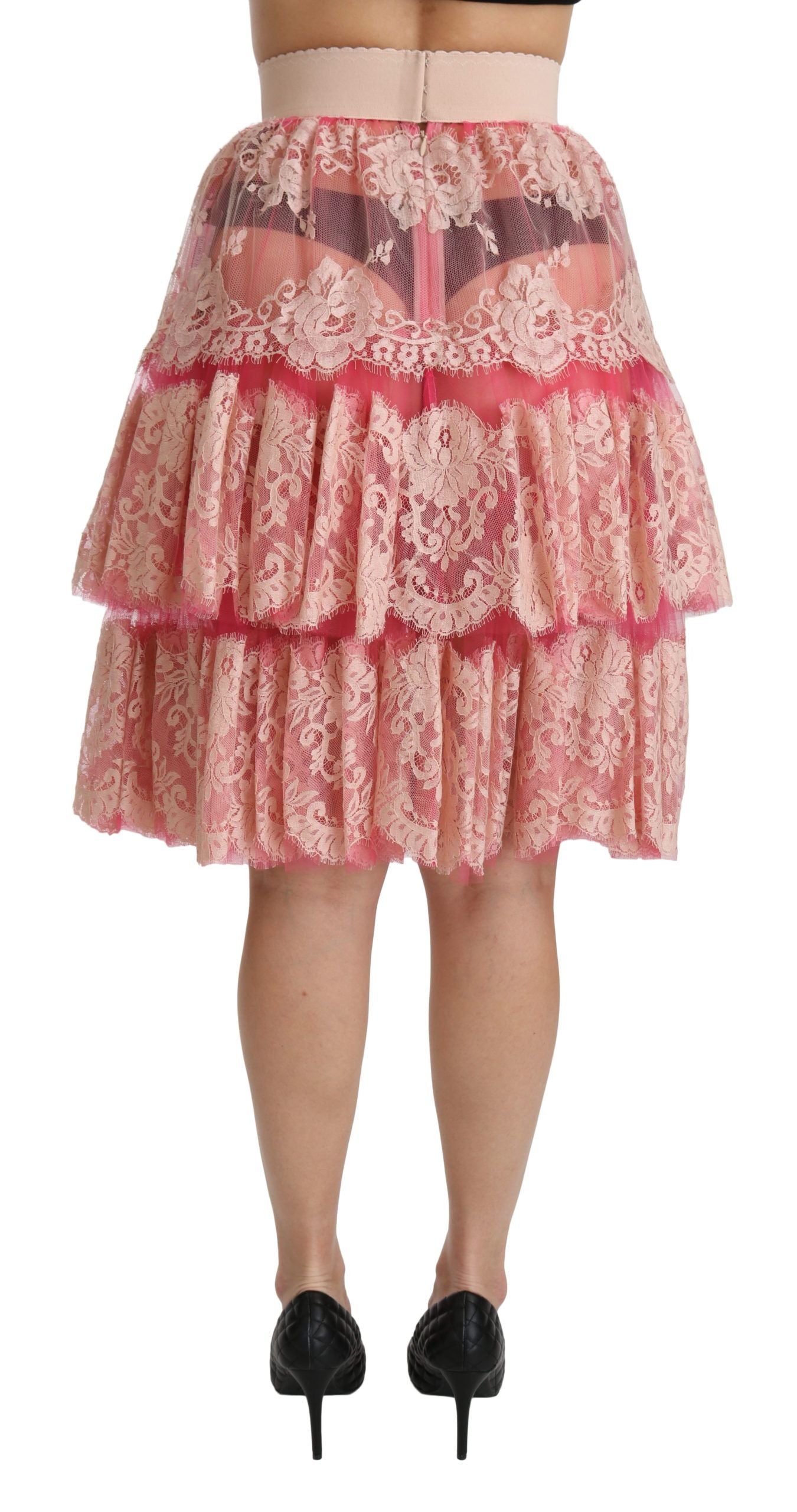 Dolce & Gabbana Pink Lace Layered High Waist Knee Length Skirt