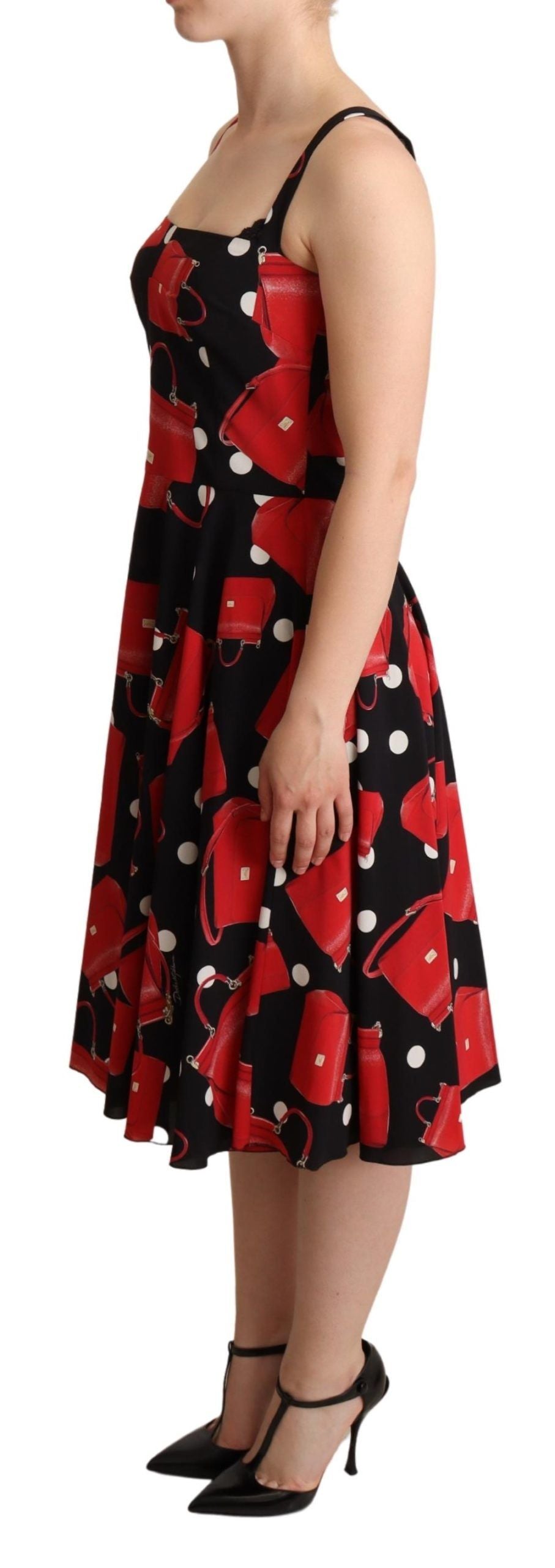 Dolce & Gabbana Black Red Bag Print A-line Mid Length Dress