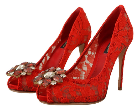 Dolce & Gabbana Red Crystal Taormina Lace Heels Pumps