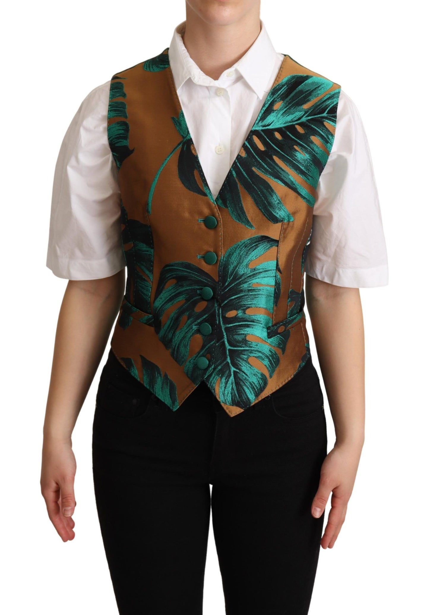 Dolce & Gabbana Green Jacquard Leaf Gold Waistcoat Vest